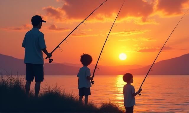 海辺で釣りを楽しむ家族